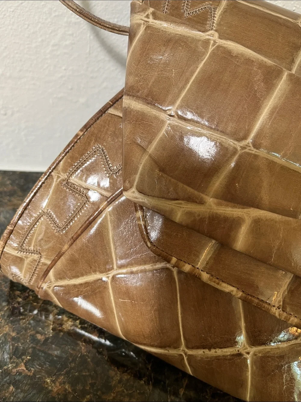 Sharif Croc-Embossed Tan Foldover shoulder bag clutch with Gold Accent